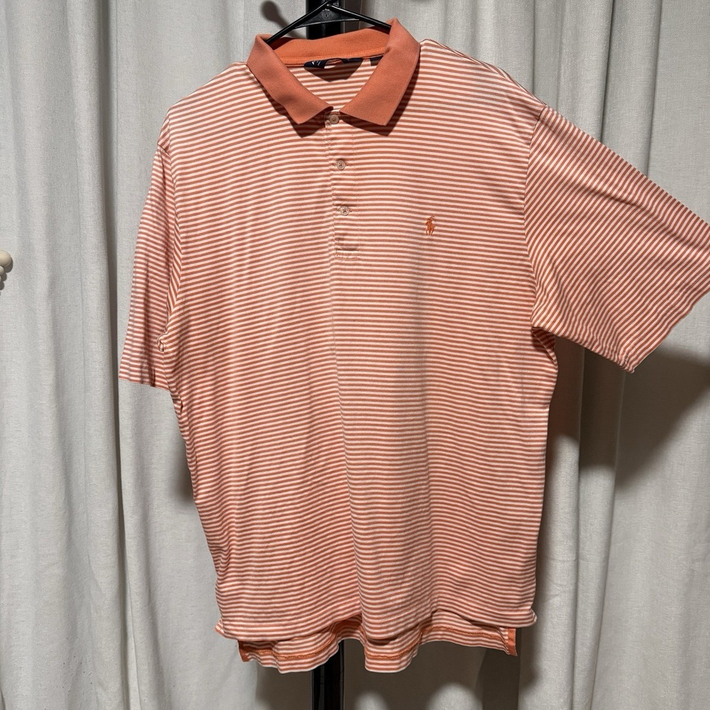 Polo Golf Ralph Lauren Mens Large Orange White Striped Pima Cotton Polo Shirt